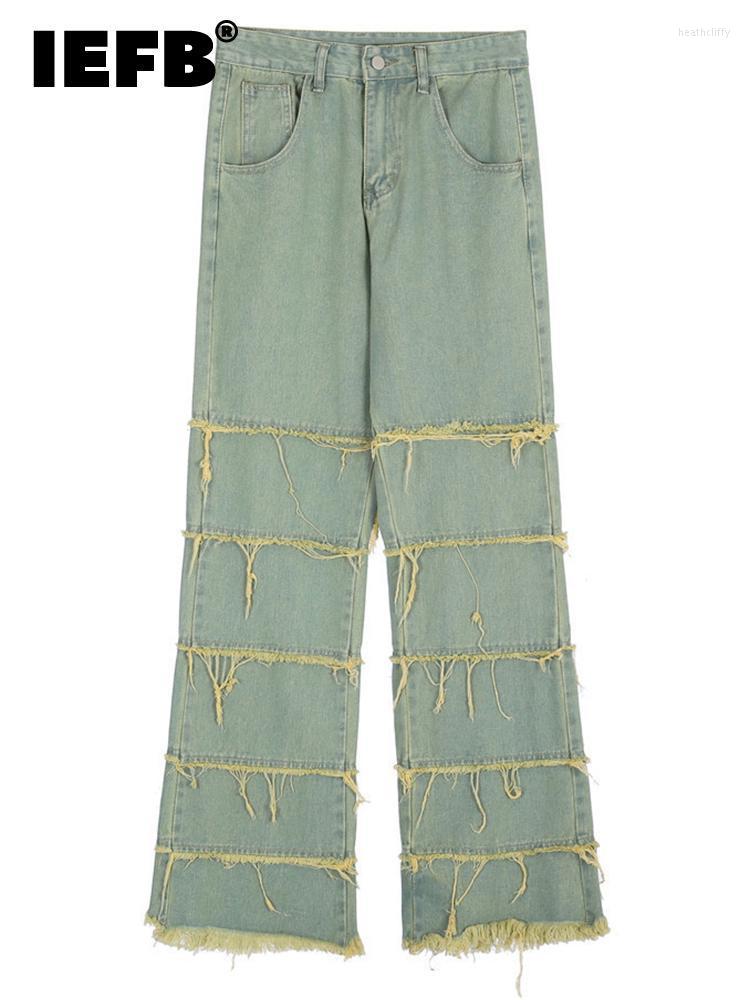 

Men' Jeans Patchwork Frayed Fringe High Street Style 2022 Fashionable Men Casual Colour Blocking Denim Trousers 9A2006Men' Heat22, Blue