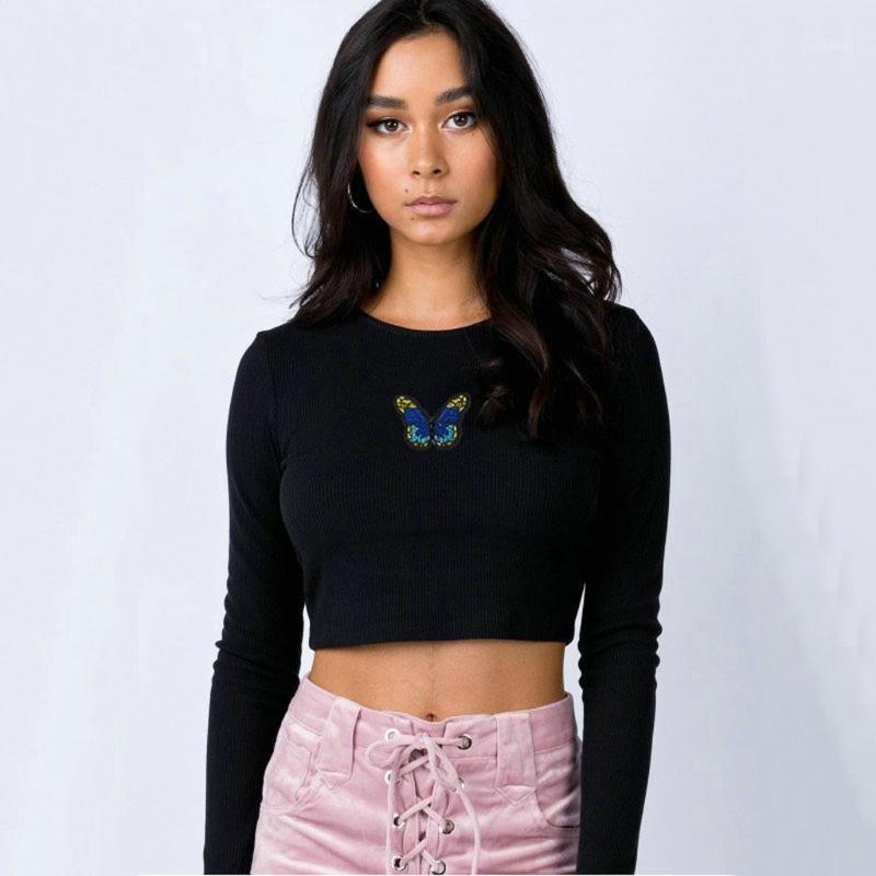 

Fashion Embroidered Butterfly Blouse Sexy Crop Tops Tee Casual Summer Ladies Female Women Long Sleeve Blusas Pullover Women' Blouses & Shir, Black