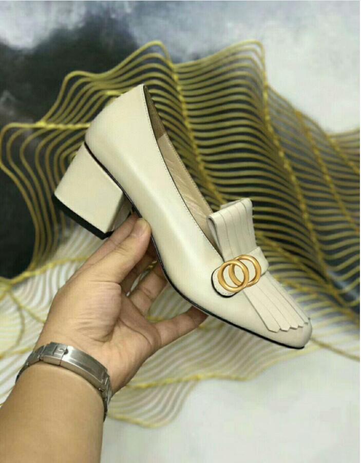 

Classic Mid heeled boat shoe womens Thick heel100% cowhide Tassels Round head Metal Button women Dress shoes Large size 34-42