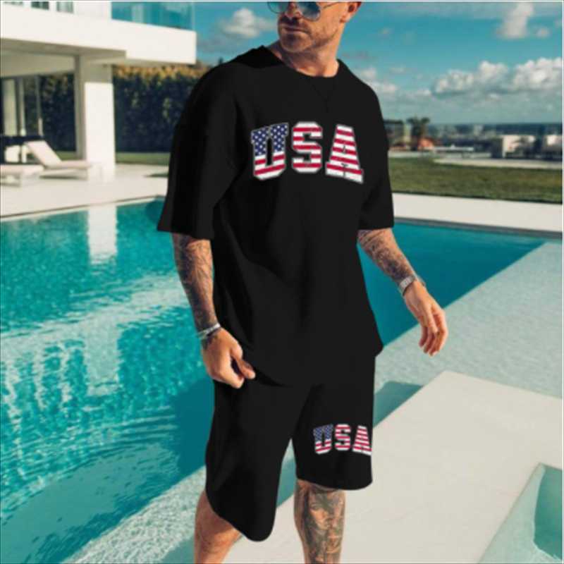

Men' Tracksuits Summer Tracksuit 2Piece Set Solid Sport Hawaiian Suit Short Sleeve T Shirt And Shorts USA Casual Fashion Man Clothing Sport
