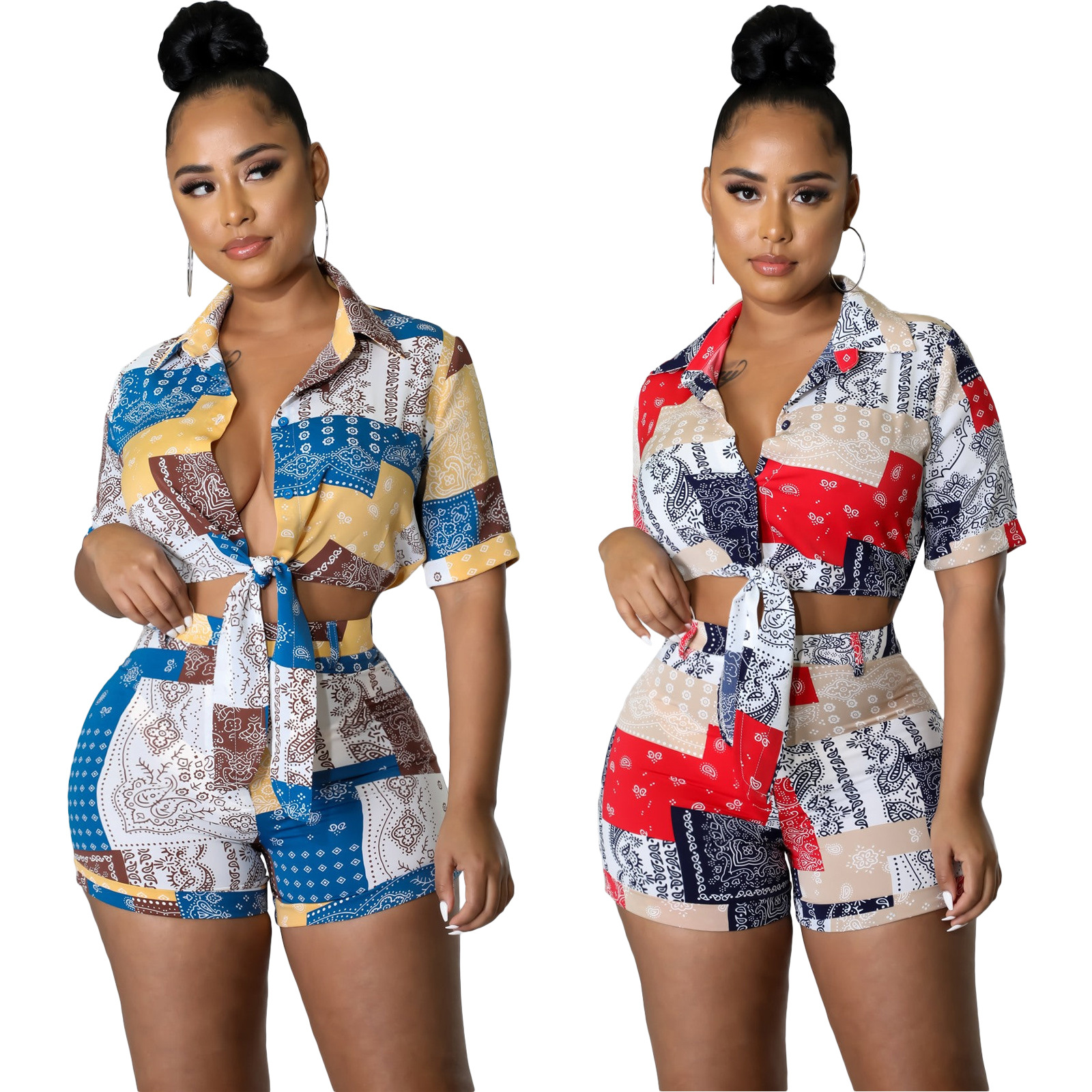 

Newest Print Tracksuits For Women Short Sleeve Lapel Bandage Shirt Crop Tops And Straight Shorts Casual 2 Piece Sets S81013, Blue