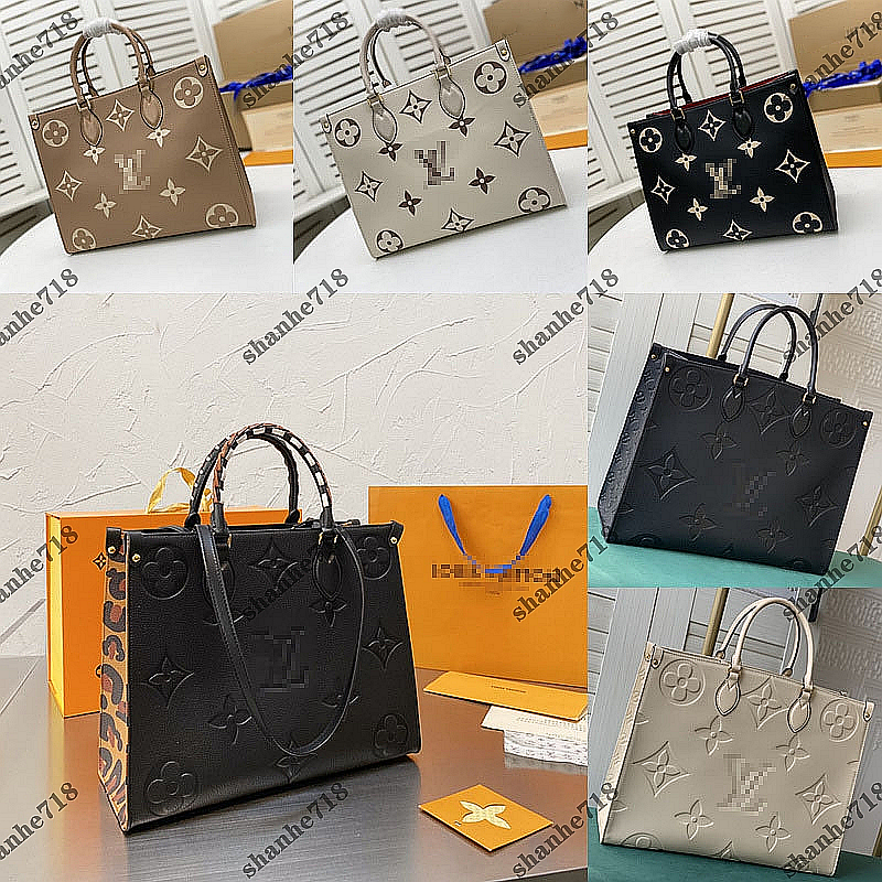 

Mini/M/L size Real Cowhide Onthego Totes Black Emboss Designer Handbags Top Quality Women's Shoulder Crossbody Bags Luxury Shopper Bag Lady Purse, Bubble paper package