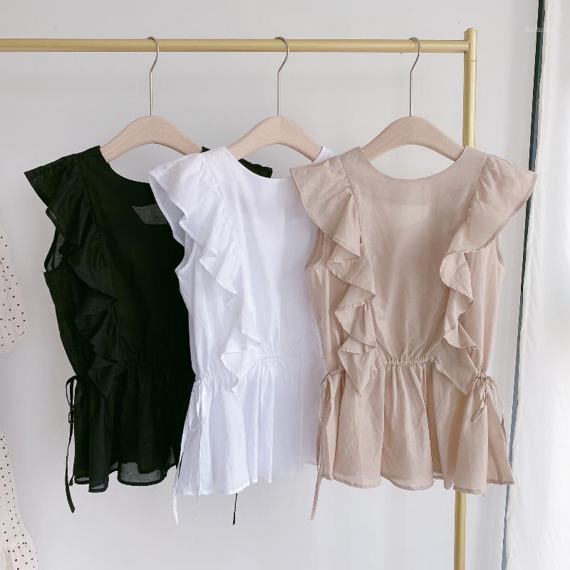 

Women's Blouses & Shirts Japan Style Sweet Ruffles Solid Blouse Women O Neck Flying Sleeve Belt Slim Summer Office Lady Chic Elegant Blusas, Black