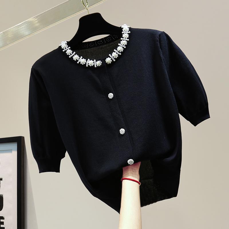 

Women's Knits & Tees Summer Knitwear Single-Breasted Ice Silk Short Sleeve Sweaters Women's Tops All-Match Solid Color Beads Knit Cardig, Black