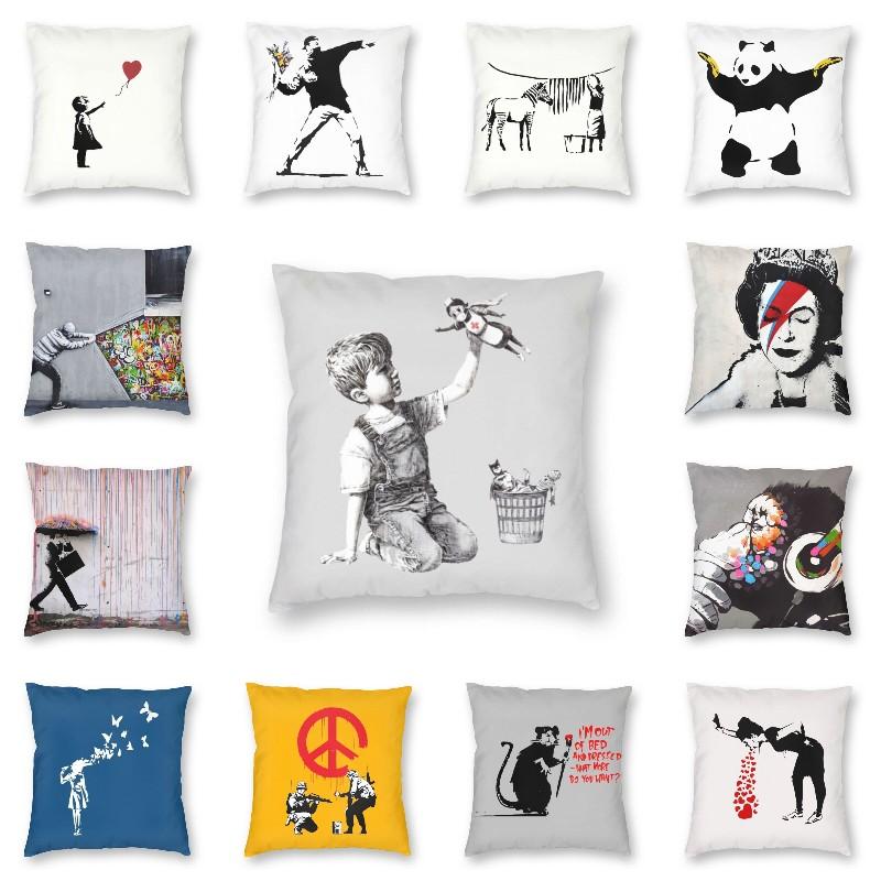 

Cushion/Decorative Pillow Classic Banksy Street Graffiti Art Square Throw Case Home Decorative Girl With Red Balloon Cushion Cover For Sofa, White
