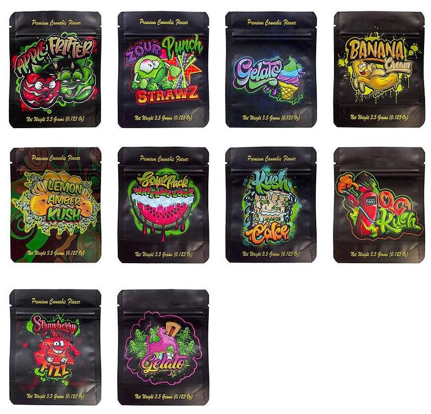 

Wholesale mylar bags 3.5g gelato kush cake zour punch strawz sourpack watermelonz stand up pouch zipper bags