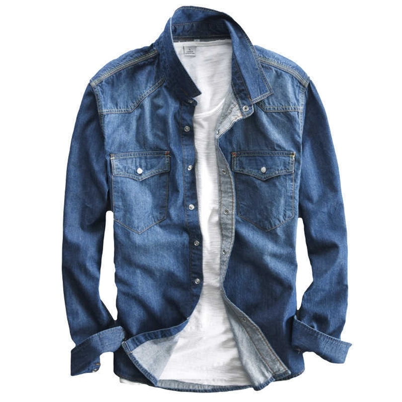 

Men's long-sleeved solid denim shirt fashion brand Classic retro denim Pocket decoration Business shirt Spring and Autumn Tops 210701, 360 light blue