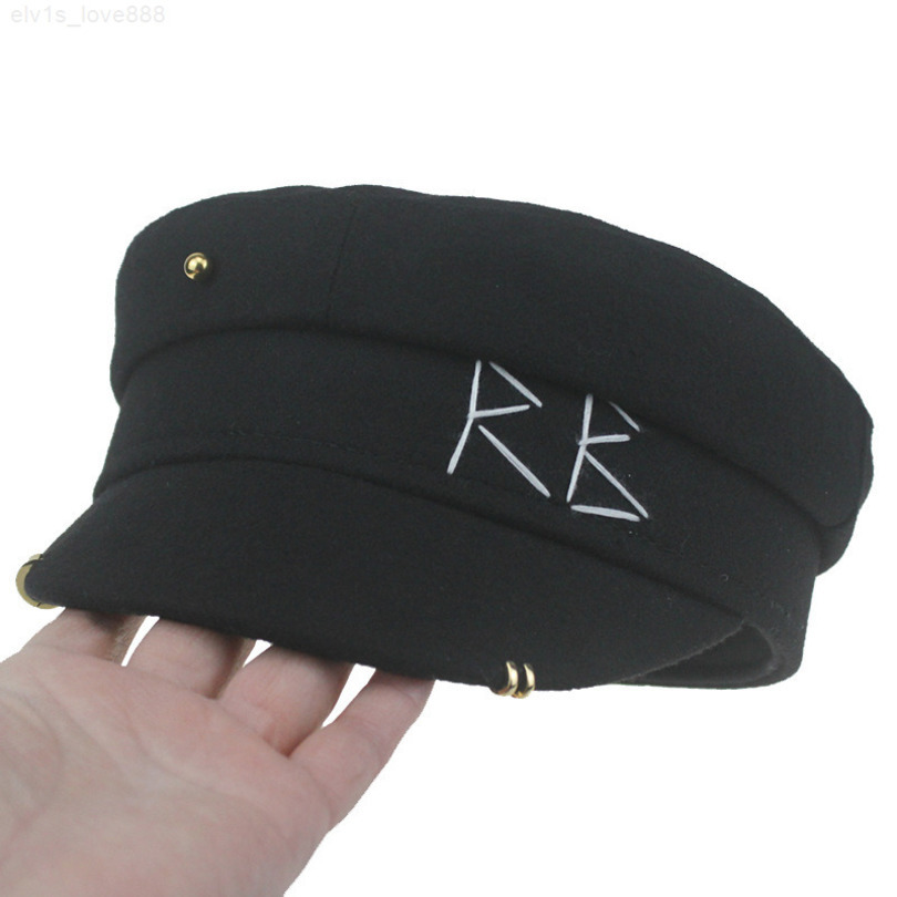 

Korean fashion RB embroidery winter woolen FLAT TOP NAVY HAT hardware Earrings cap children's hat, Black