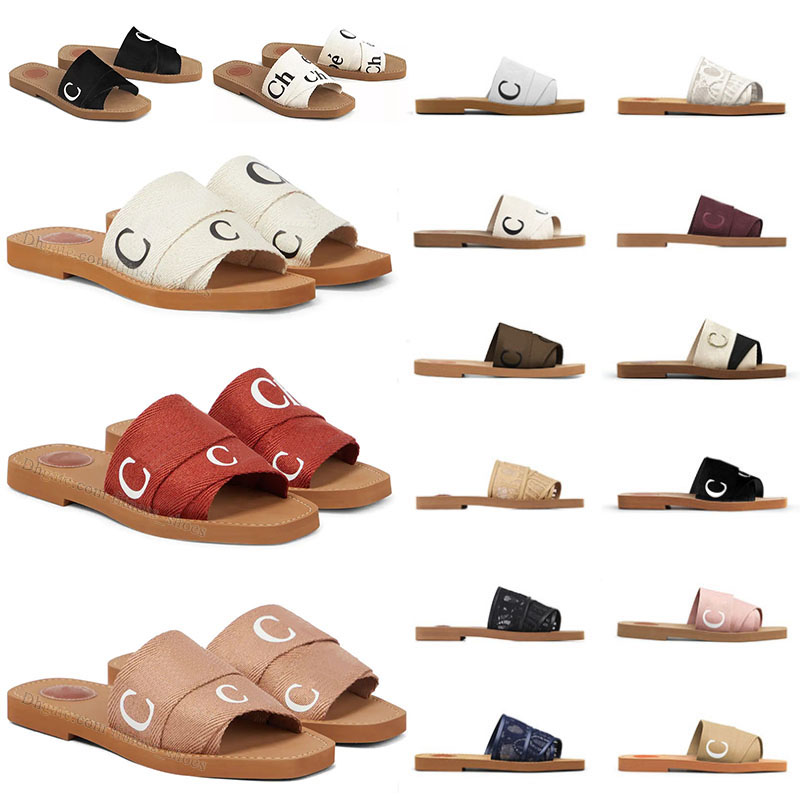 

Luxury womens woody flat mule sandals slides designer canvas slippers black beige navy women fashion beach slipper sliders lady ch rubber sandales designer Slidale, Ch01