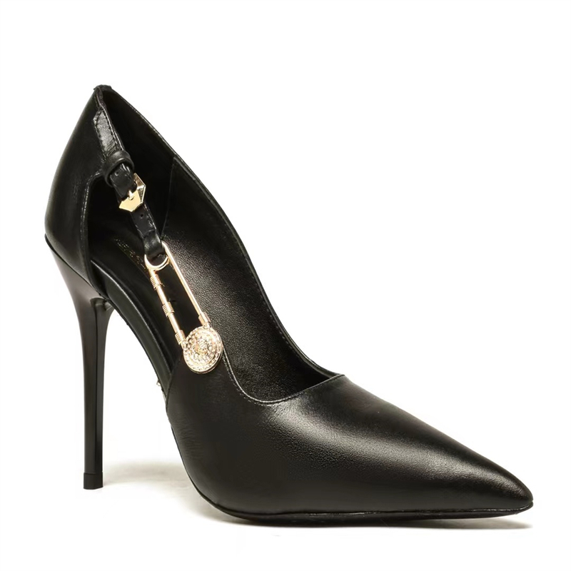 

Super High Hees Thin Heel Women Shoes Sandals Black Leather One Word Band Rivet Studded Spiked Buckle Women's Shoe Open Toes 10cm Stiletto Heeled Party DressA