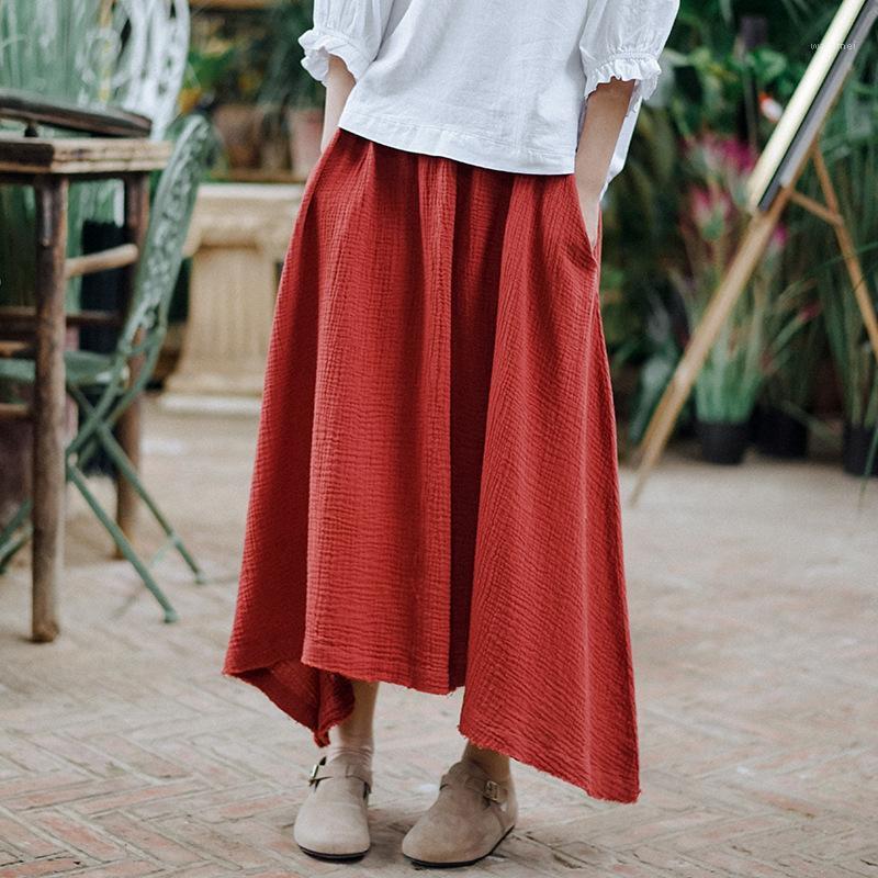 

Spring Cotton Retro Skirt 2022 Women Summer Solid A-line Lady Mori Girl Style Irregular Midi Skirts Casual, Green