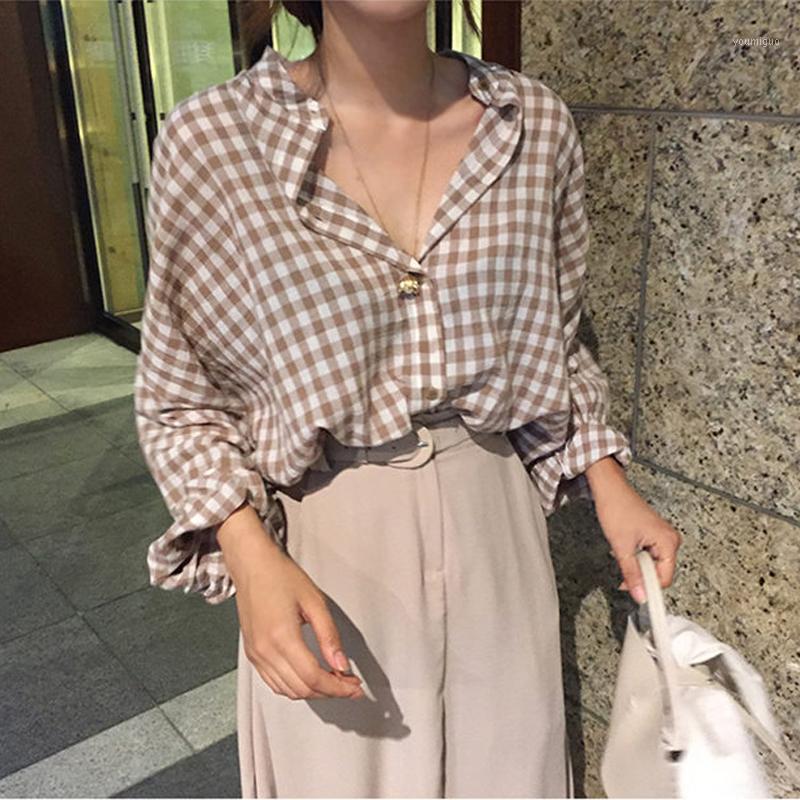 

Vintage Loose V-neck Women Plaid Blouse Shirts Batwing Sleeve Front Buttons Retro Gird Female Tops 2022 Casual Women's Blouses &