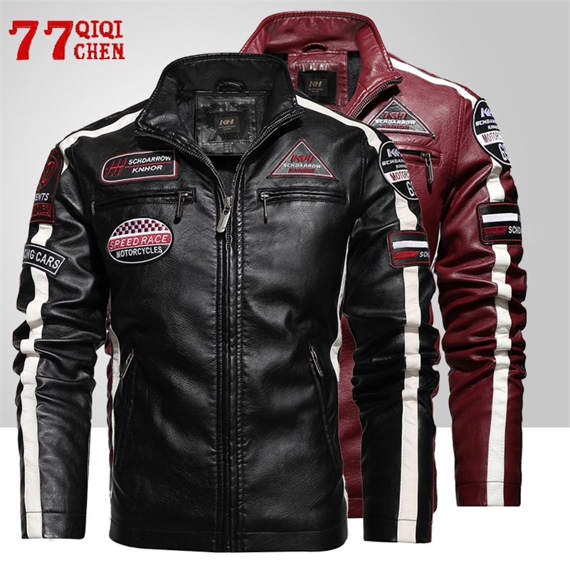 

Men s Motorcycle Leather Jacket Autumn Casual Patchwork Vintage Overcoat Biker PU Embroidery Bomber Zipper Fleece Jackets Male 220715, Black2