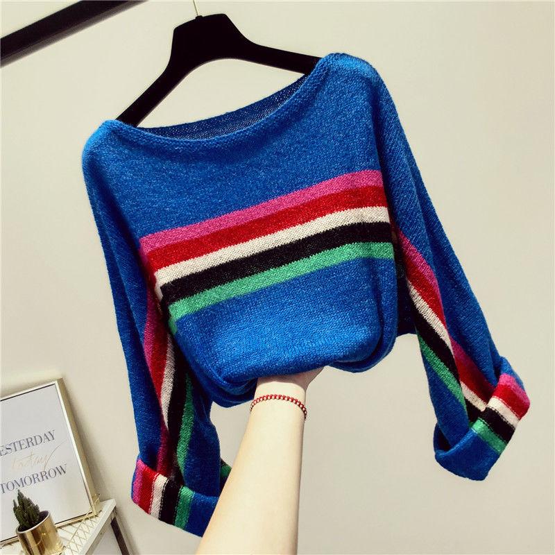 

Women's Sweaters Colorful Striped Patchwork Knitting Women's Autumn Loose Sweater Long Sleeve Bottoming Top TideWomen's, Blue