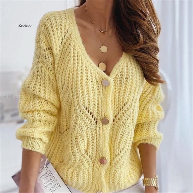 

Women' Knits & Tees Casual Long Knitted Cardigan Women Autumn V-neck Yellow Lantern Sleeve Loose Female Button Knitwear SweatersWomen, Green