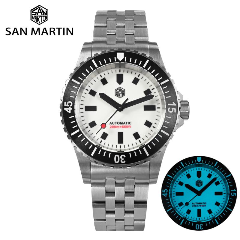 

Wristwatches San Martin Men Diving Watch 41mm Miyota 8215 Original Design Automatic Mechanical Bracelet Waterproof 20 Bar Luminous BGW9Wrist, White