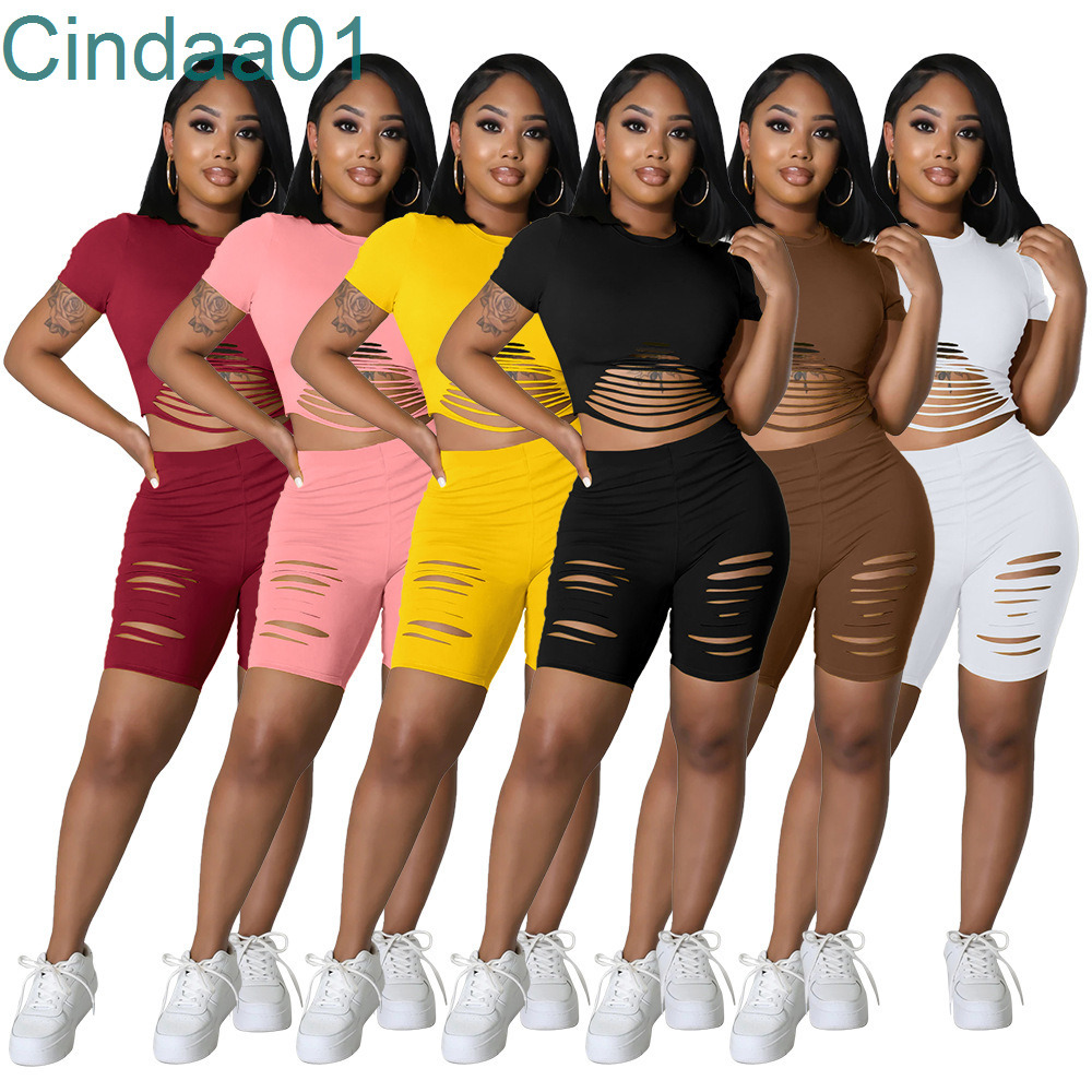 

Womens Two Piece Set Tracksuits New Solid Color Flower Breaking Street Trend Short Sleeved Shorts Casual Sports Suit, Mix colors