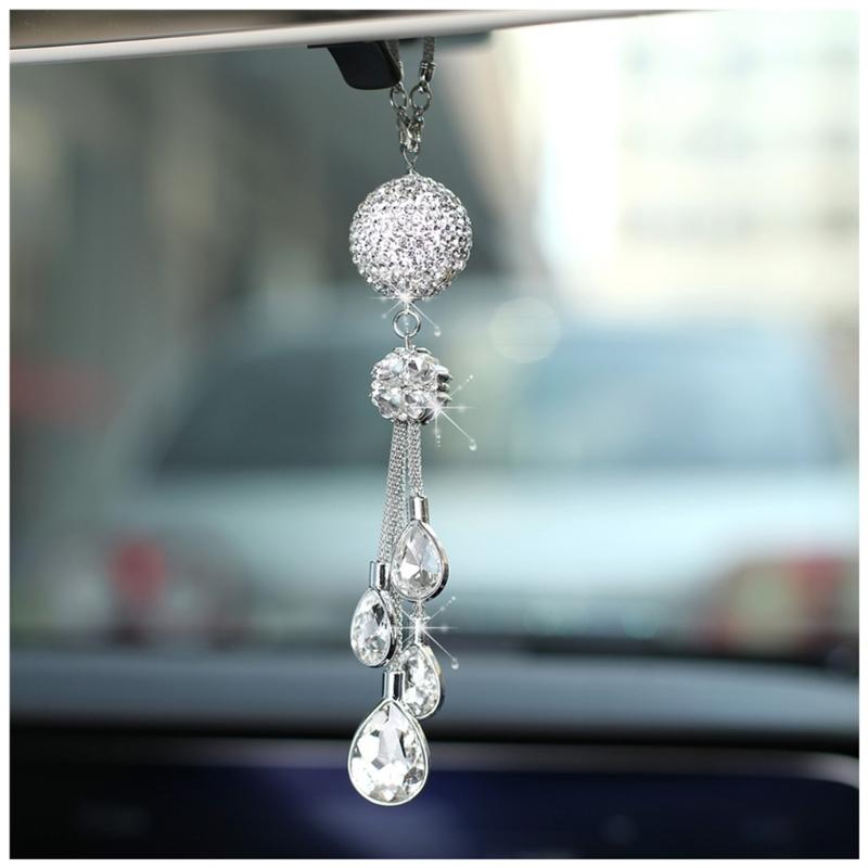 

Interior Decorations Crystal Car Pendant Rear View Mirror Ornament Creative Auto Diamond Decoration Hanging Metal BallInterior