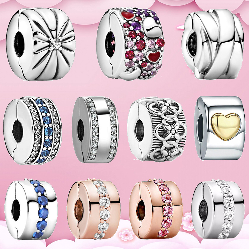

925 Sterling Silver Pendant Charms for Pandora Original box Positioning Buckle Blue Pink Zircon European Bead Charms Bracelet Necklace