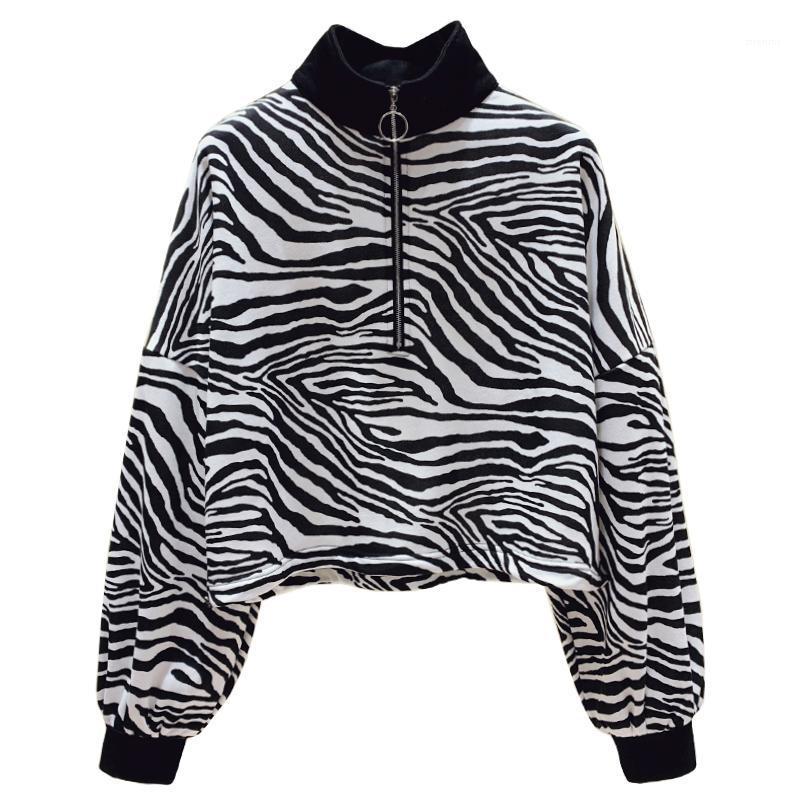 

Women's Hoodies & Sweatshirts VSUE Black White Zebra Print High Neck Pullovers For Women Winter Autumn Half Zipper Casual H0126