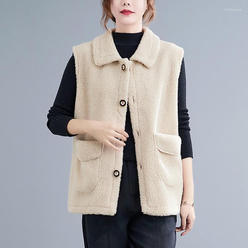 

Women's Vests Women Casual Vest Coats 2022 Autumn Winter Korean Style Turn-down Collar Loose Thick Warm Ladies Sleeveless Jackets S4079 Luci, Beige
