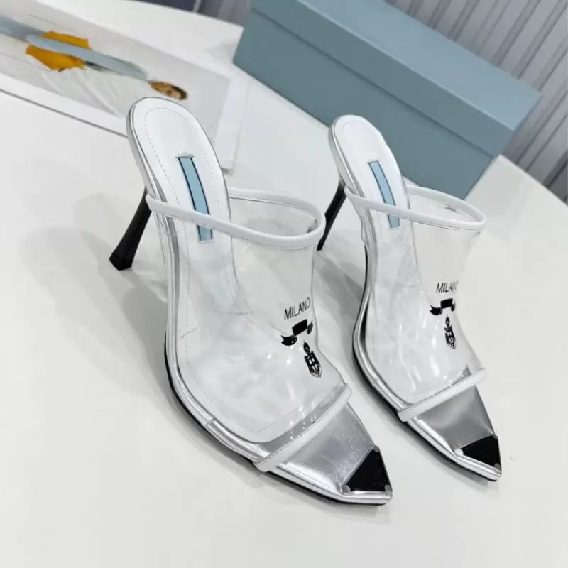 

High-heel Slides Sandals Luxury Letter Print Plexiglas Transparent PVC Womens Summer Enameled metal triangle 10CM Heels Shoes 34-41 With Box, As pic 7