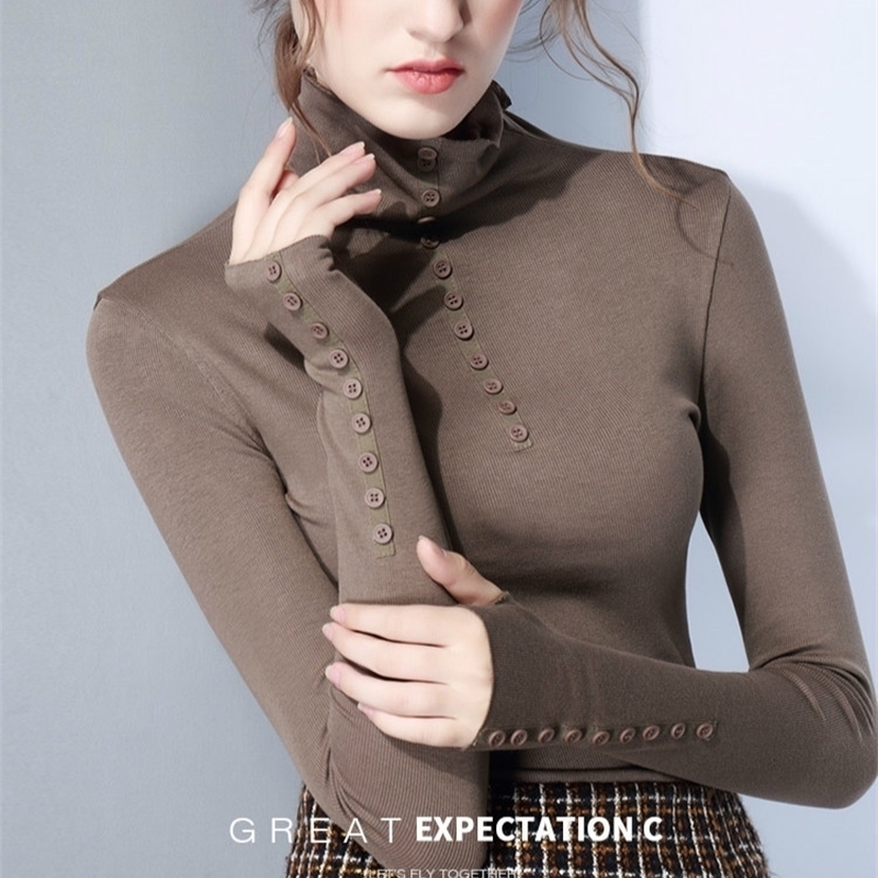 

Autumn Winter Long Sleeve Turtleneck Black Cotton Tshirt Button Work Black Tshirt Sexy Body Black Tops Y200109, White