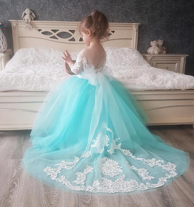 Robe de mariée à fleurs bleues Champgane pour filles, avec des appliques en dentelle, manches longues, ligne A, en Tulle, robes de fête de concou