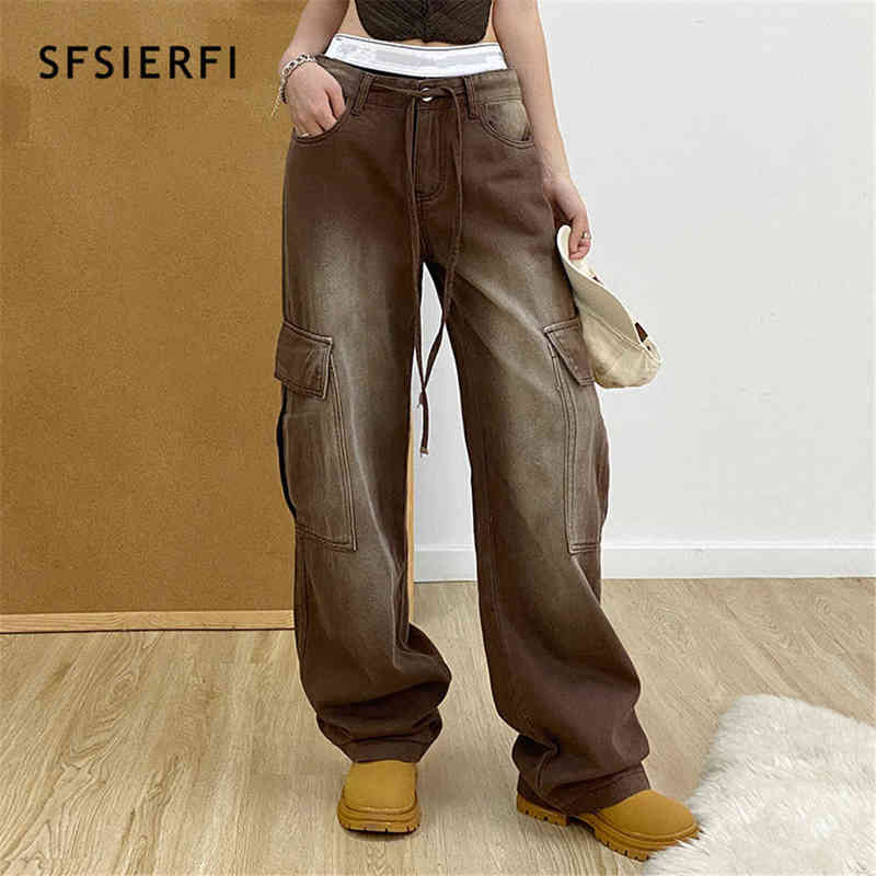 

SFSIERFI Vintage High Waist Y2K Jeans Streetwear Baggy Drawstring Straight Cargo Pants Fashion Harajuku Wide Leg Pants Trousers T220728, Brown
