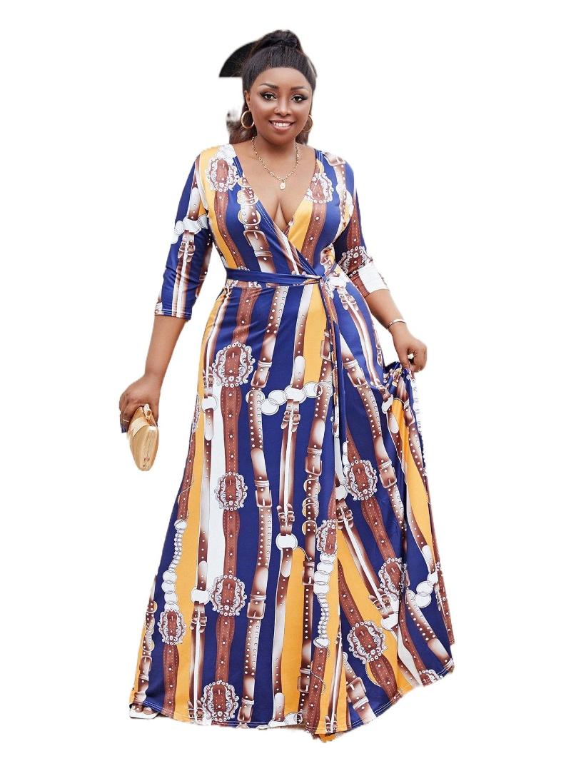 

Plus Size Dresses Surplice Neck Belted Watch Print Wrap Dress X54S#Plus, Multicolor