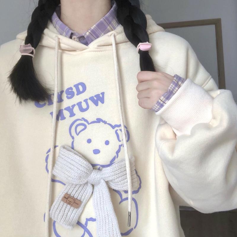 

Women's Hoodies & Sweatshirts Spring And Autumn Thin Sweater Female Soft Girl Japanese Bear Print Design Sense Bow Loose Bf Hoodie Student, Blue