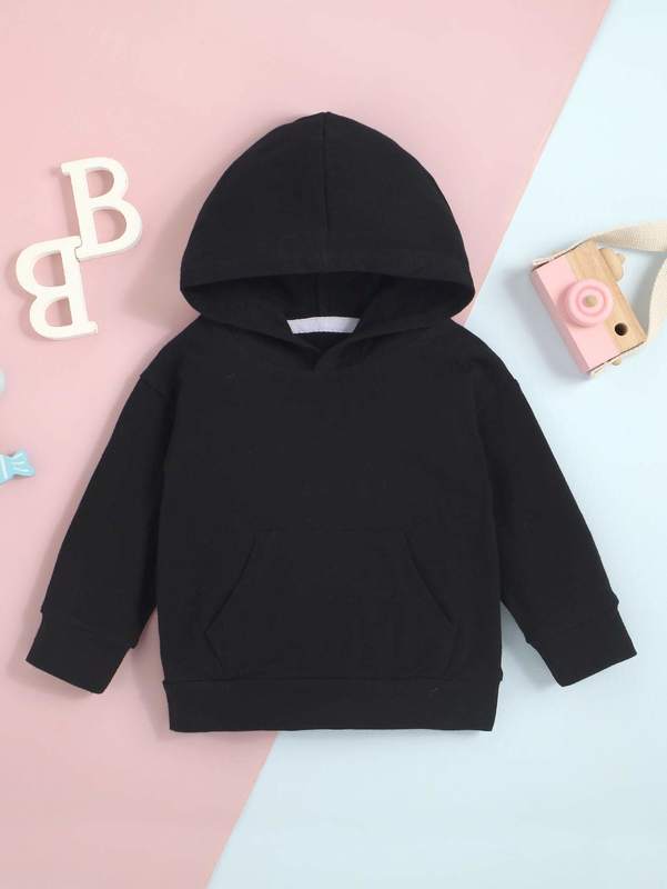 

Baby Solid Kangaroo Pocket Drop Shoulder Hoodie SHE, Black