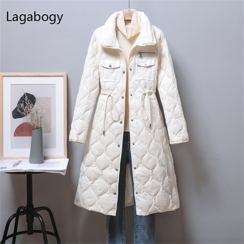 Lagabogy Winter Ultra Light 90% White Duck Down Coat Women Long Single Breasted Parkas Female Slim Warm Waist Puffer Jacket 211120