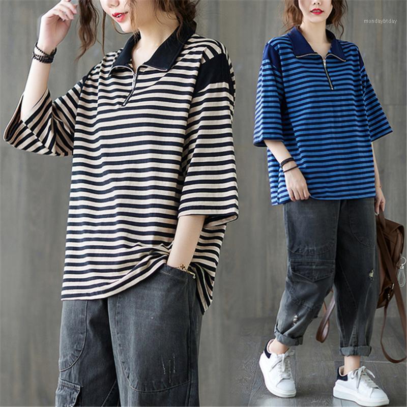 

Women's T-Shirt BIG SIZE Summer Women Fashion Elegant Stripe Spliced Tops Tee Ladies Female Plus Large Short Sleeve Cotton Zipper Stand T Sh, Black