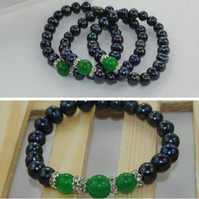 

black 100% natural Freshwater Pearl Bracelet Beaded Strands Green Agate 8-9mm Stretch Elastic fashion jewelry