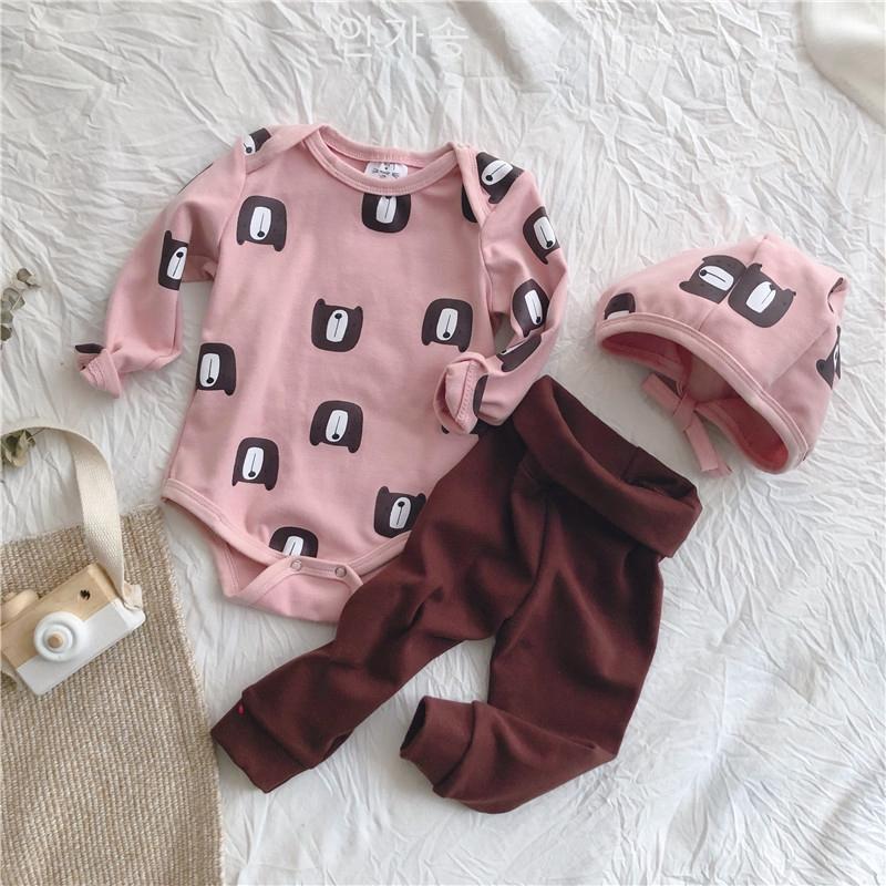 

Clothing Sets Autumn Baby Boys Cute Cartoon Pattern Romper +Pants+Hat Set, Pink