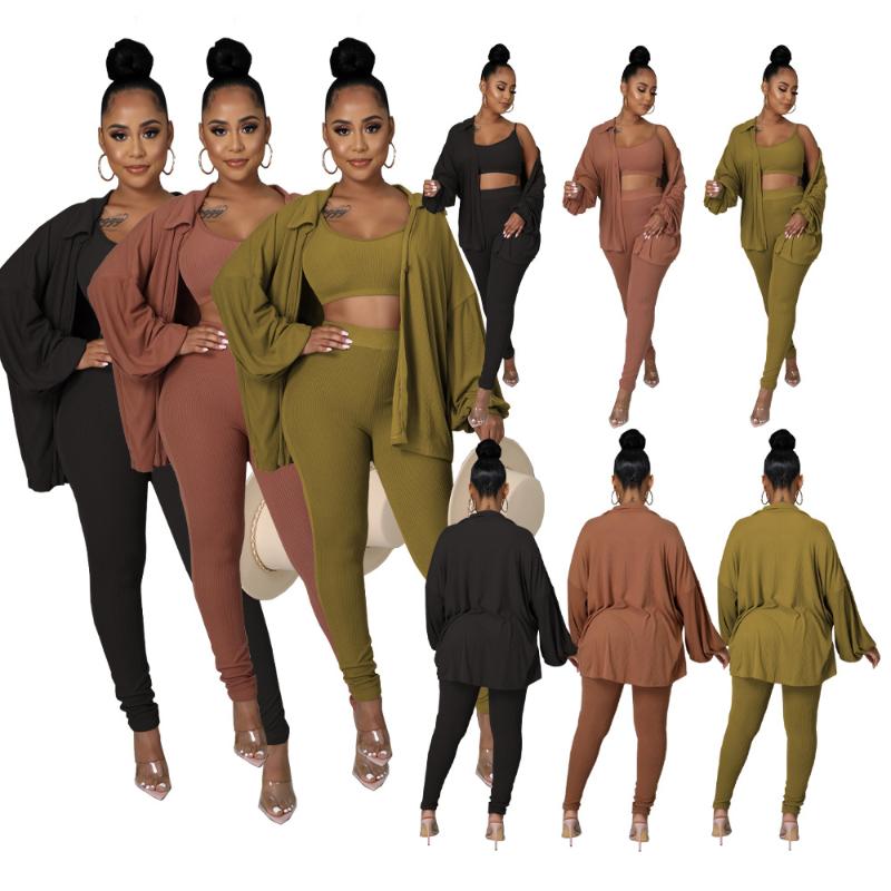 

Women' Two Piece Pants Chiclover High Elastic Ribbed 3 Set Women Loungwear Solid Color 2022 Fashion Autumn Clothes Wholesale Drop, Black