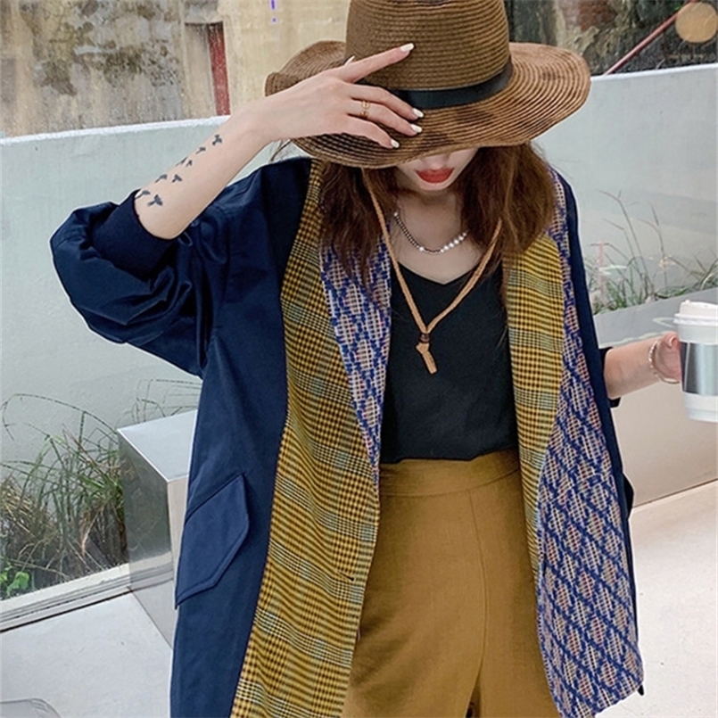 

[EWQ] Loose Color Contrast Splicing Single Breasted Blazer Jacket Coat Spring Design Sense Fashion Suit 220402, Photo color