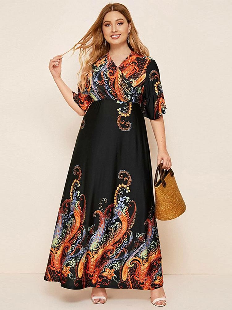 

Plus Size Dresses 4XL 5XL Dress Women Spring Autumn Female V Neck Short Sleeve Retro Floral Print Casual Black Maxi Long