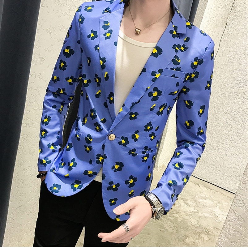 

Men's Suits Blazers Men Fashion Floral Print Long Sleeve Nightclub Hairdresser Style Blazer Coat Male Spring Autumn Slim Outerwear Blazer 220826, Blue