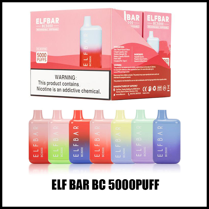 

ELF Bar BC5000 Puffs E-Cigarette Disposable Pod Device 650mAh rechargeable Battey 10ml Pods Prefilled Cartridge Vapes Kit 21 Colors 5% Strength Vs Elux Legend ESCO BAR