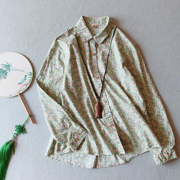 

Women's Blouses & Shirts Cotton Shirt Women Printed Floral Long Sleeve Spring Autumn Original Vintage Literature Loose Casual Female Clothes, Green
