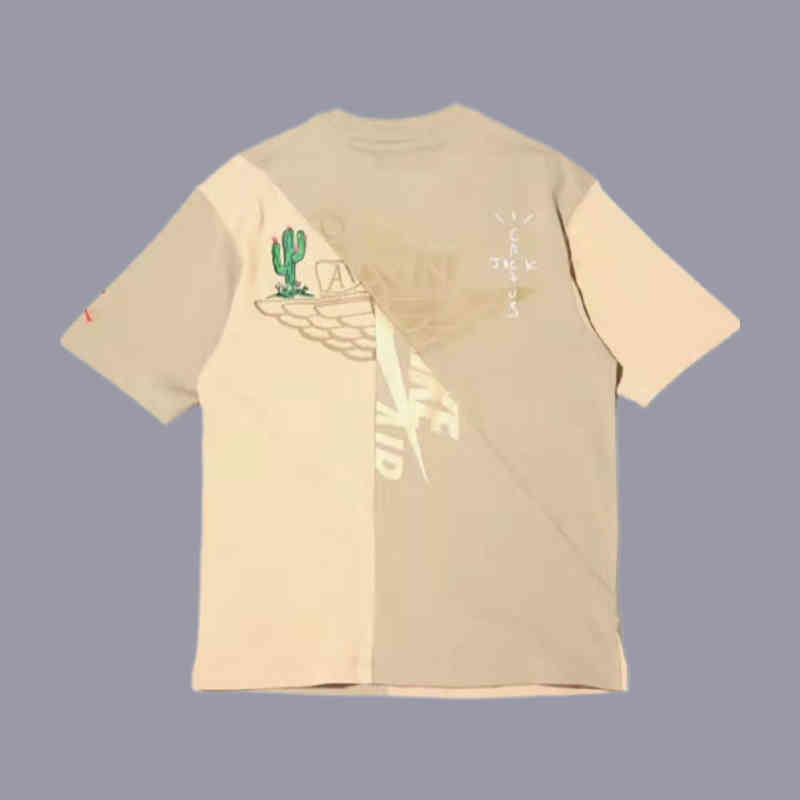 

Street Fashion T-shirt Travisscott Co Branded Aj6 Cactus Cracked Flying Wing Splicing Short Sleeve T-shirt Loose Casual Men' and Women' Fashion, Khaki