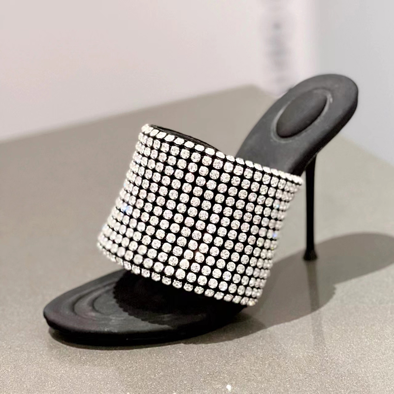 

Crystal decorative slippers luxury women's high heels top designer banquet dress shoes 11cm sexy thin heel flip Scuffs, Red