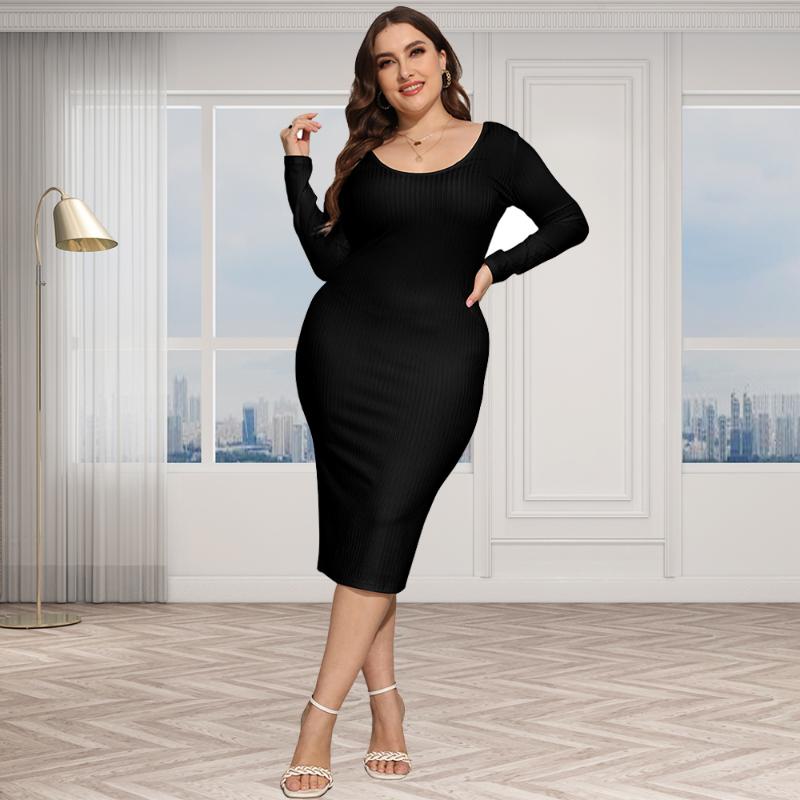 

Plus Size Dresses HAOOHU 5xl 4xl For Women Clothing Trendy Round Neck Long Sleeve Solid Color Slim Sexy Thread Casual Midi Dress 2022, Black