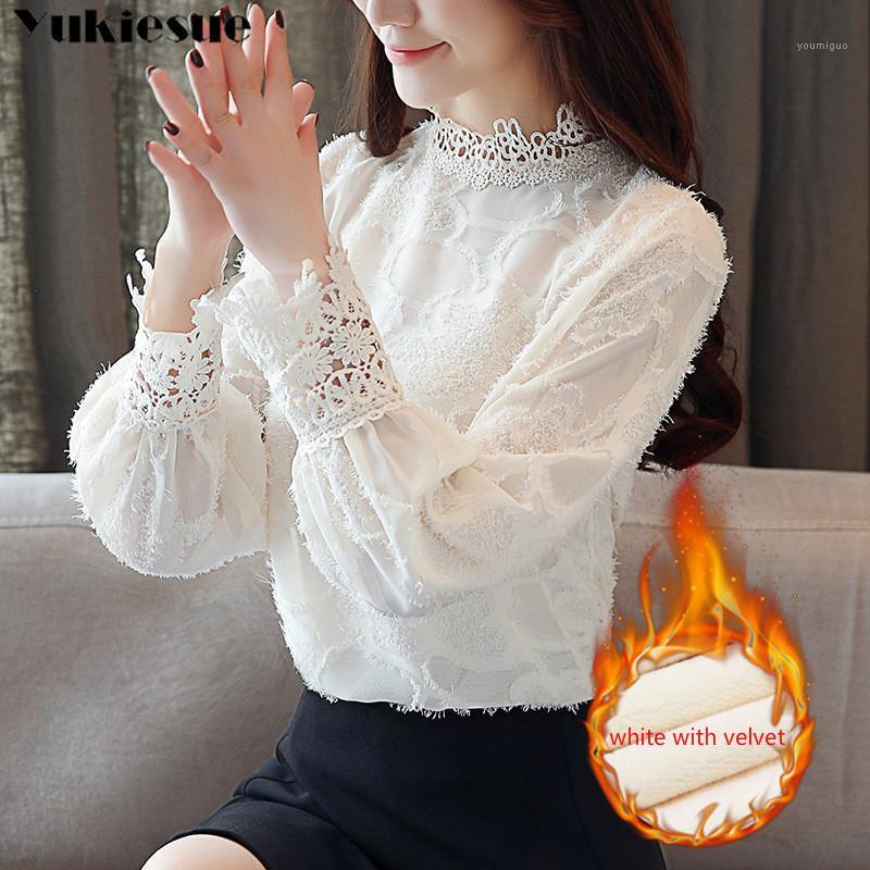 

Women's Blouses & Shirts 2022 Winter Warm Fleece Thick White Hollow Lace Chiffon Blouse Shirt Long Sleeve Womens Tops And Women Plus Size, Pink no velvet