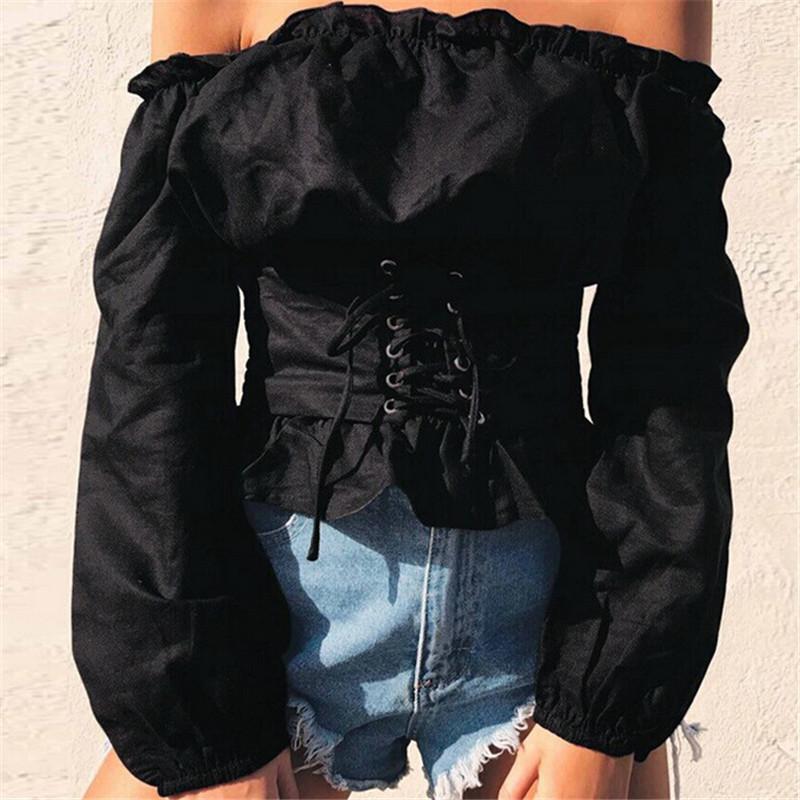 

Women' Blouses & Shirts Lace Up Satin Corset Blouse Lantern Sleeve Off Shoulder Top Shirt Blusa Mujer Women Sexy Tops, Black