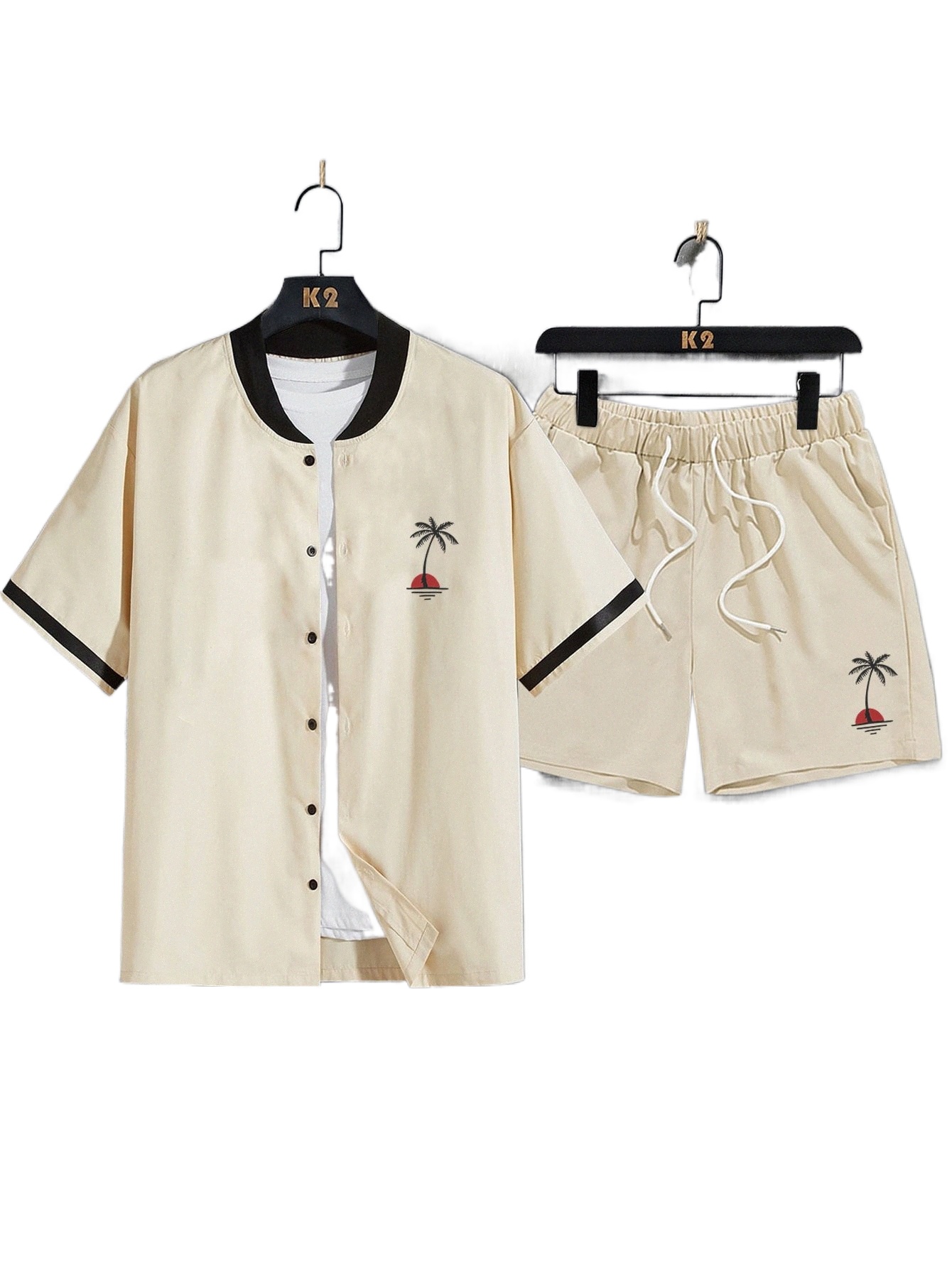 

men Coconut Tree Print Baseball Collar Shirt & Shorts Without Tee T3FM#, Khaki