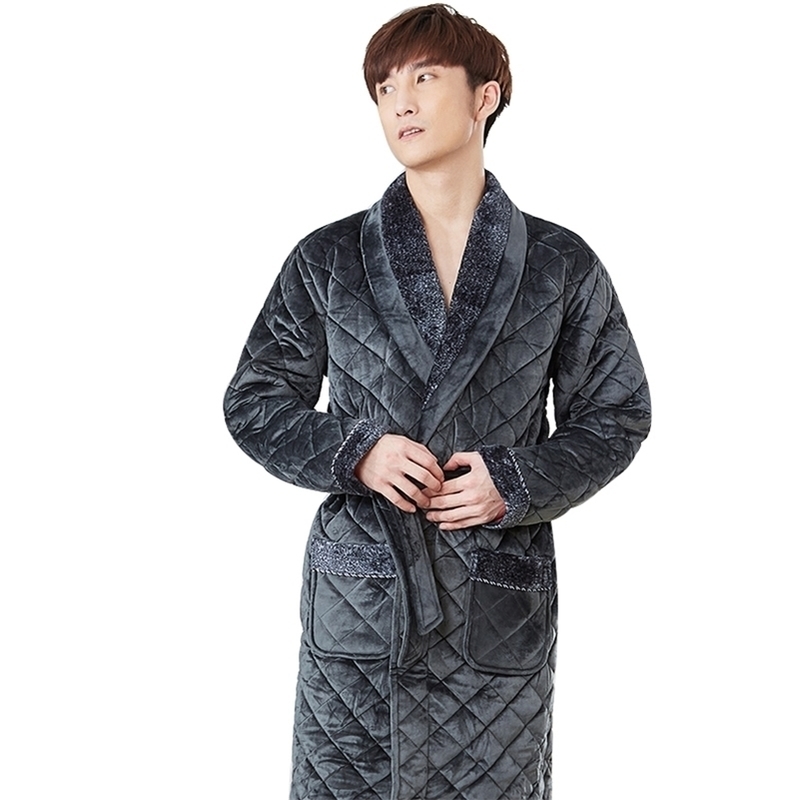 

Thick 3 Layers Warm Winter Bathrobe Men Soft Flannel Quilted Long Kimono Bath Robe Male Dressing Gown for Mens Coral Fleece Robe 201109, Beige