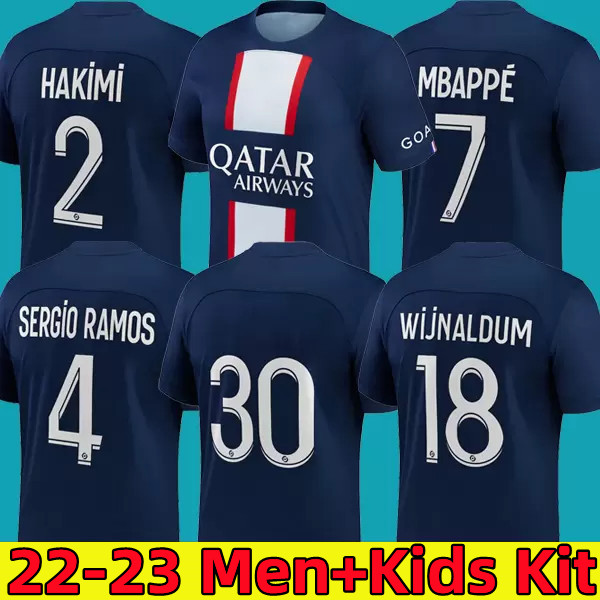 

21 22 23 MBAPPE PsGs soccer jerseys 2022 2023 DI MARIA SERGIO RAMOS HAKIMI VERRATTI ICARDI Maillots de football shirt home hommes enfants Men kids Kit uniforms, 22-23 home kids